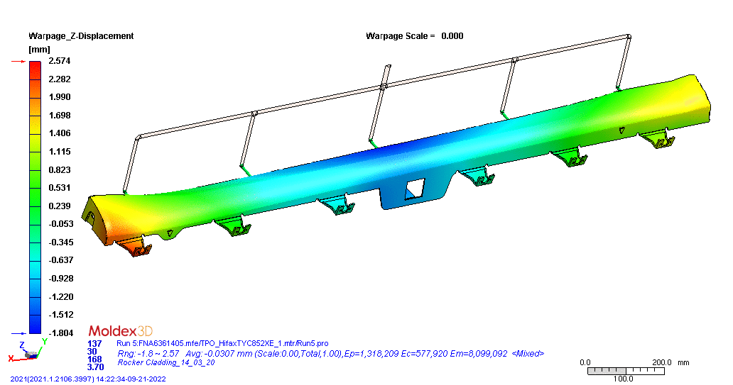 Simulação Moldex3D de empenamento de peça plástica